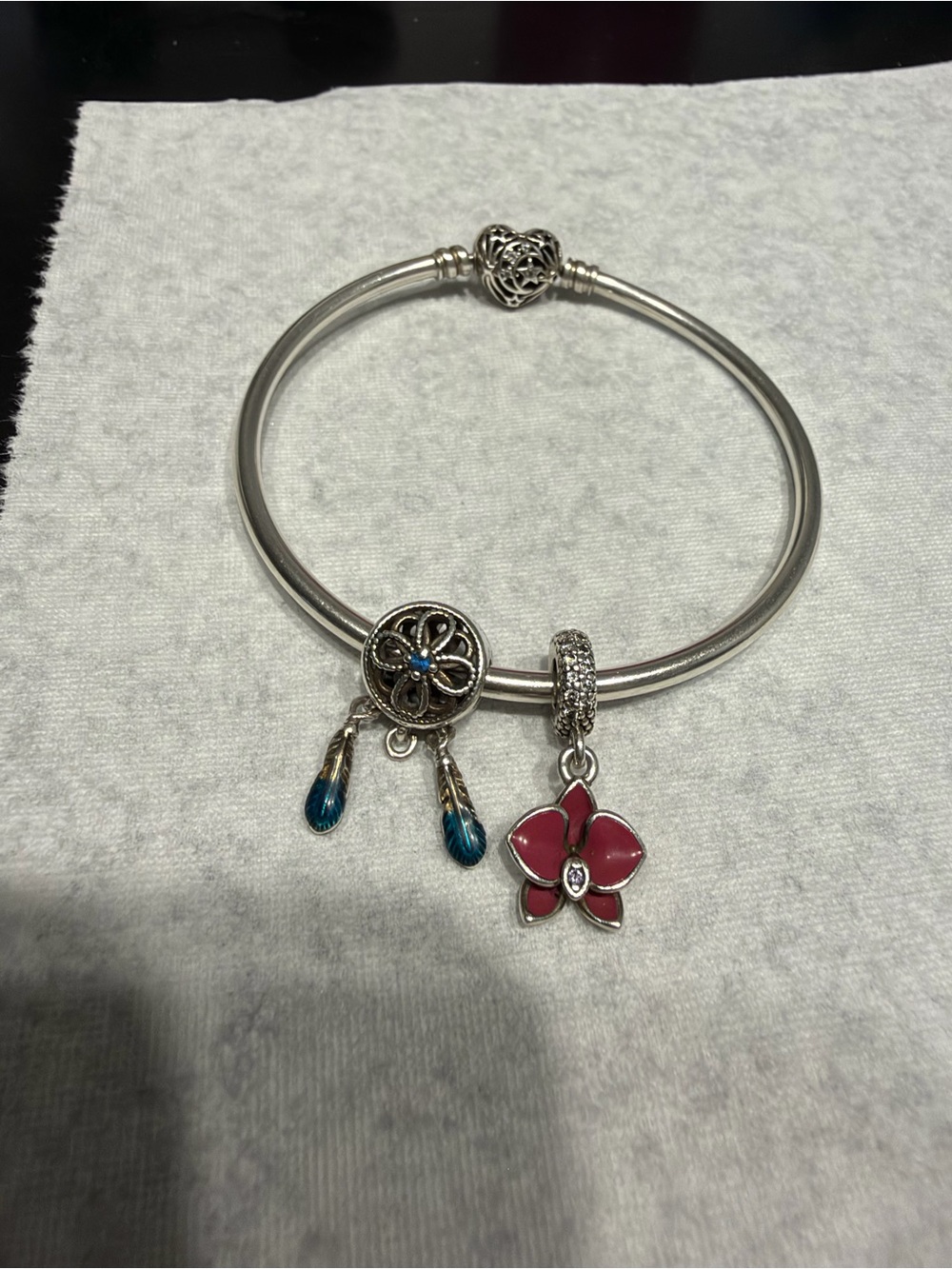Silver Bangle Bracelet with Pink Flower & Blue Teardrop Charms